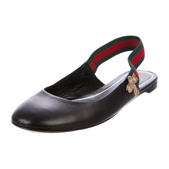 GUCCI Bayadere Web Stripe Bee Black Leather Slingback Flats Size EU 37.5 - Picture 2 of 6